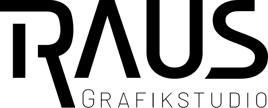 Grafikdesign Logo von studioRAUS. Abgebildet sind ein großer Schriftzug RAUS und darunter ein kleiner Schriftzug Grafikstudio in schwarz.